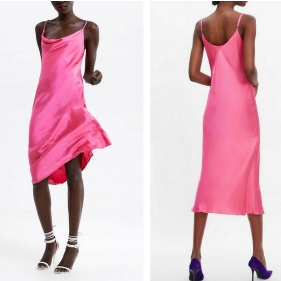 Zara hot pink satin midi slip dress with cowl neck and spaghetti straps - Picture 12 of 13